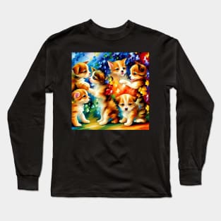 Colorful Puppies and Kitten Playing Long Sleeve T-Shirt